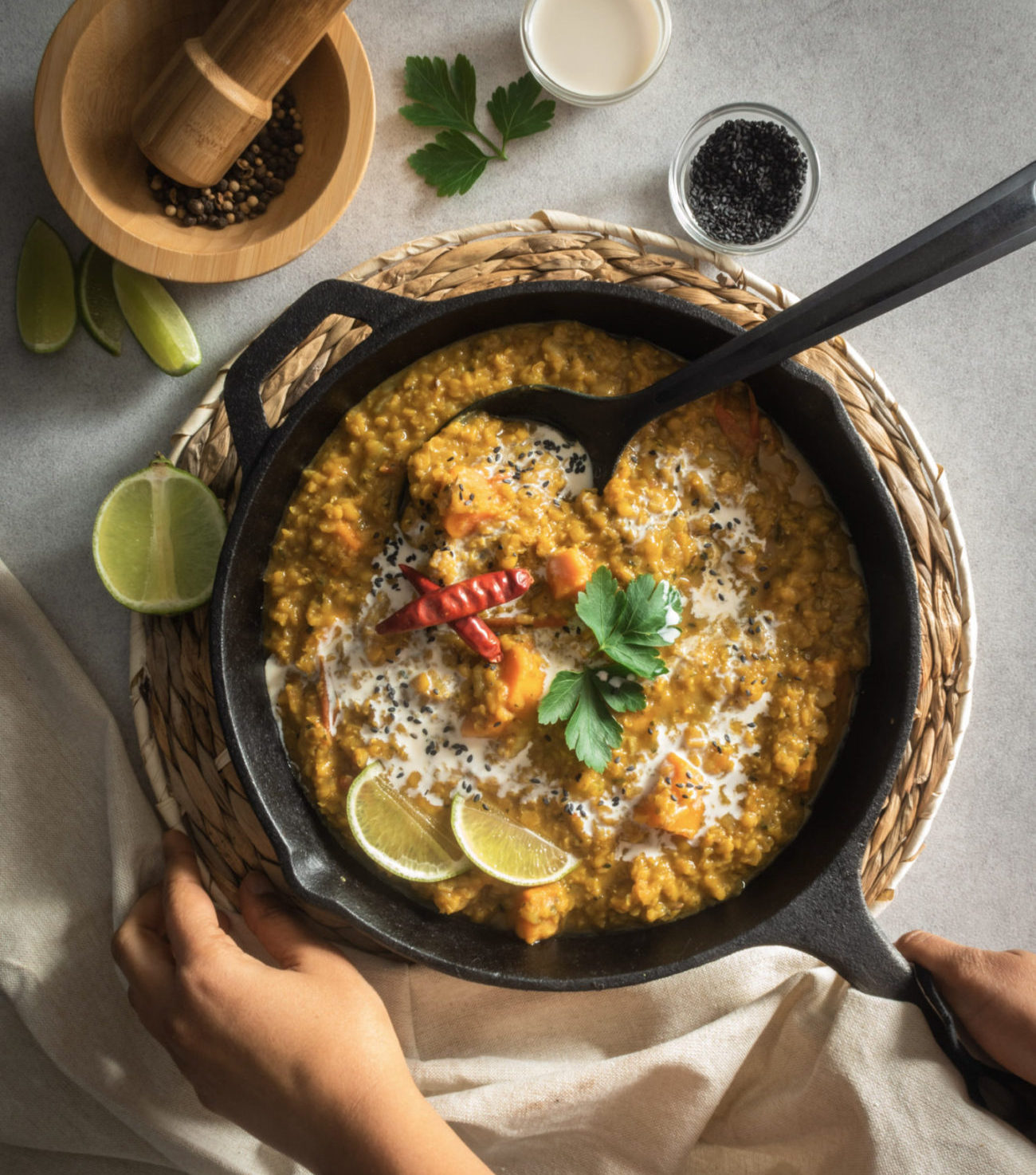 Easy One Pot Daal served on a cast iron skillet