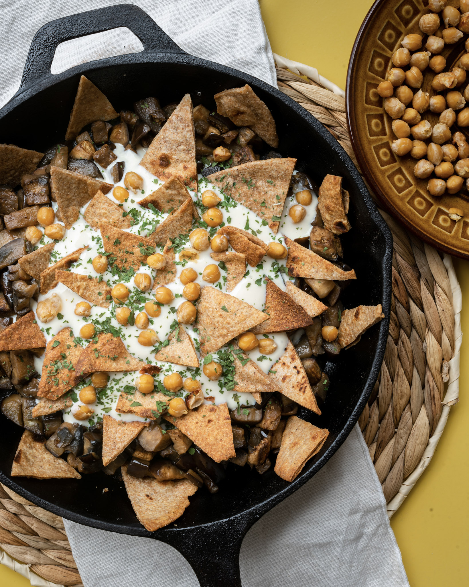 Vegan Eggplant Fatteh served on a table