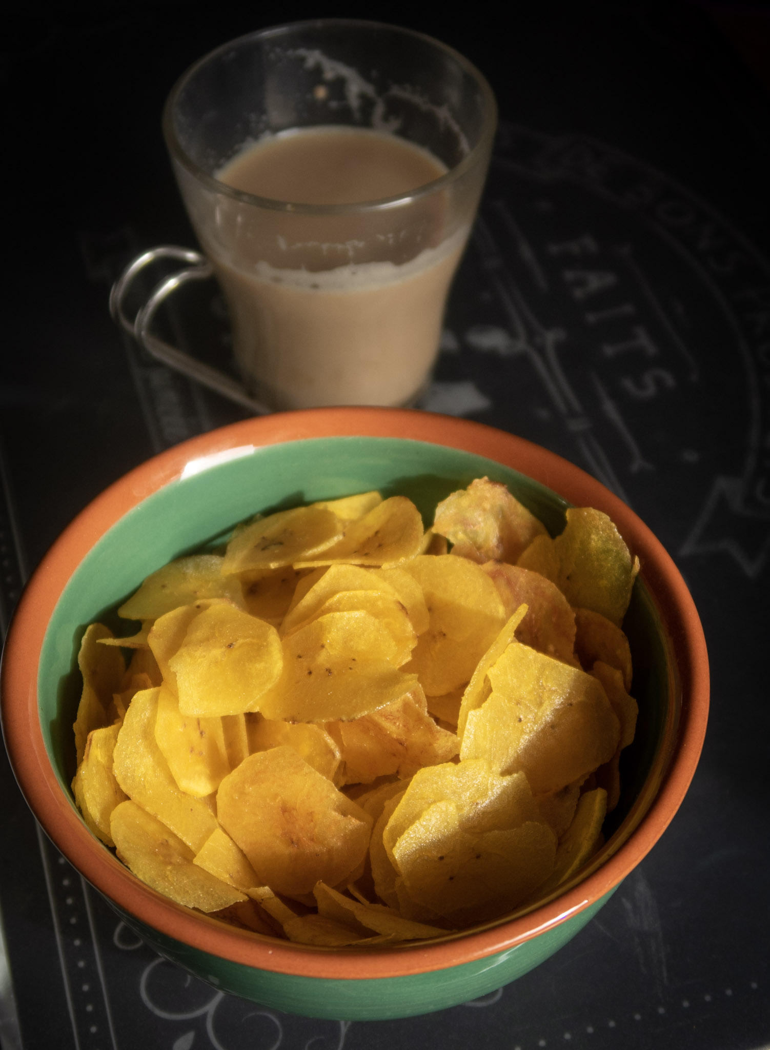 Plantain chips served with chai