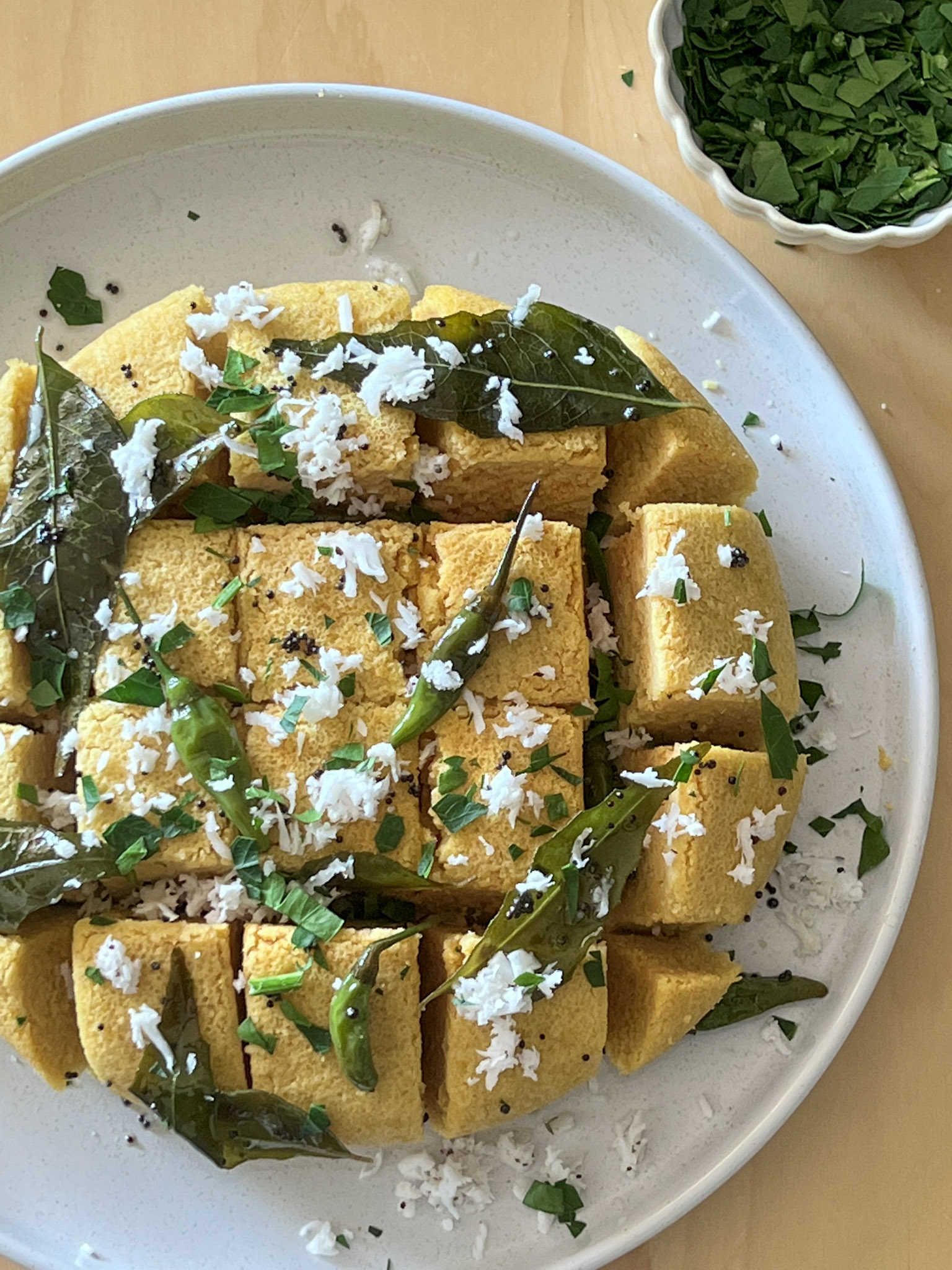 Khaman dhokla served on a plate, took view