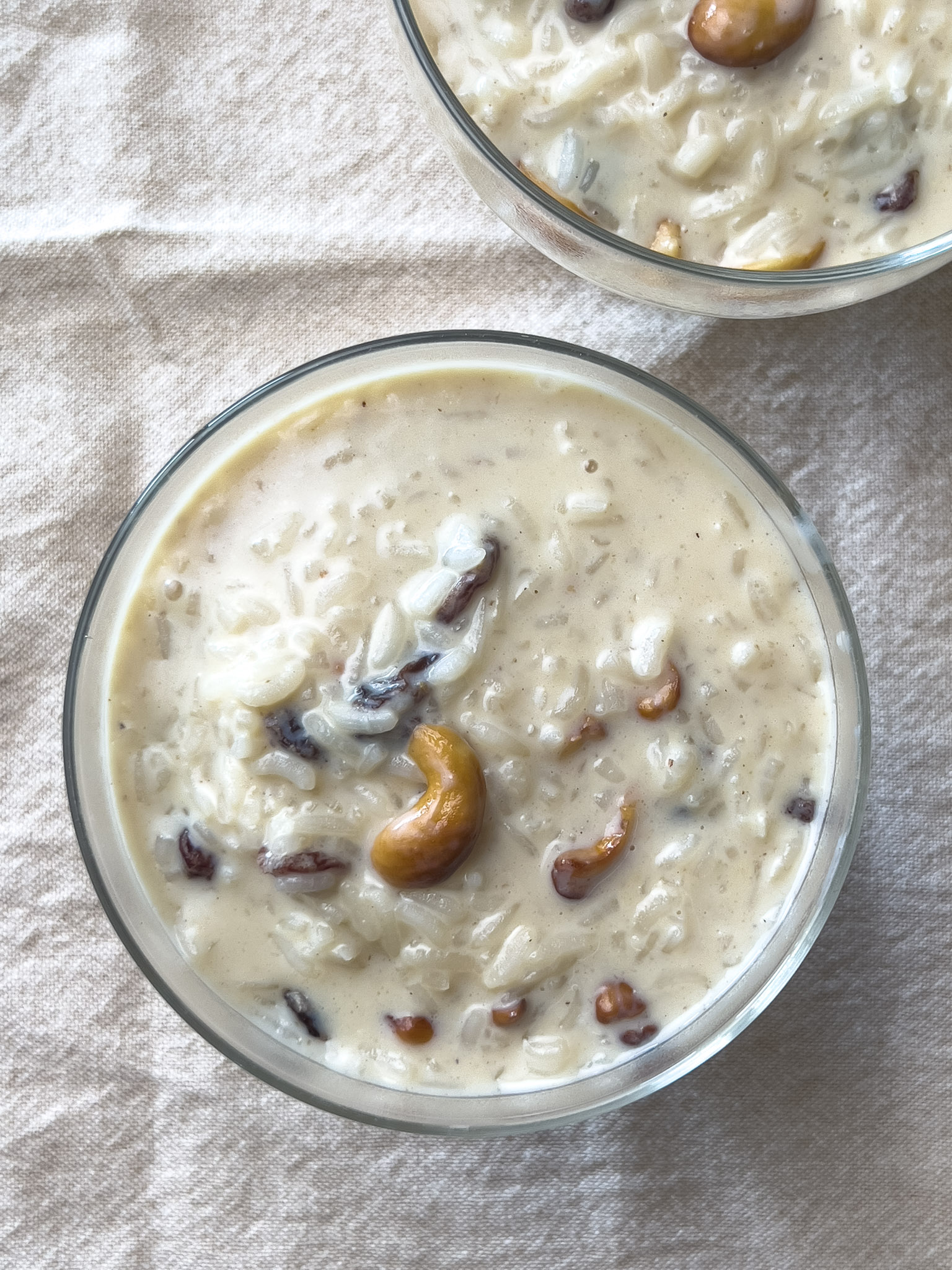 2 dessert cups filled with vegan pal payasam - top view
