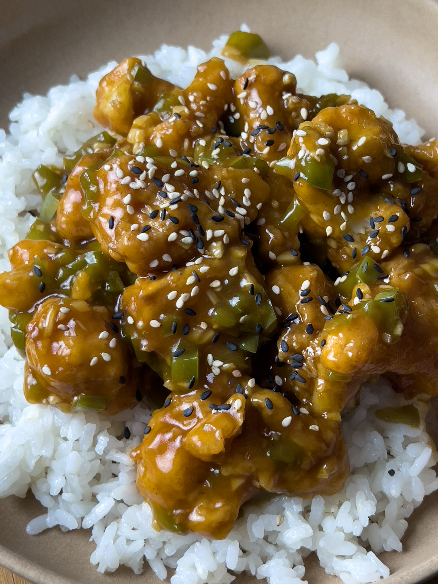 Top shot of the gobi manchurian with garnish of sesame seeds