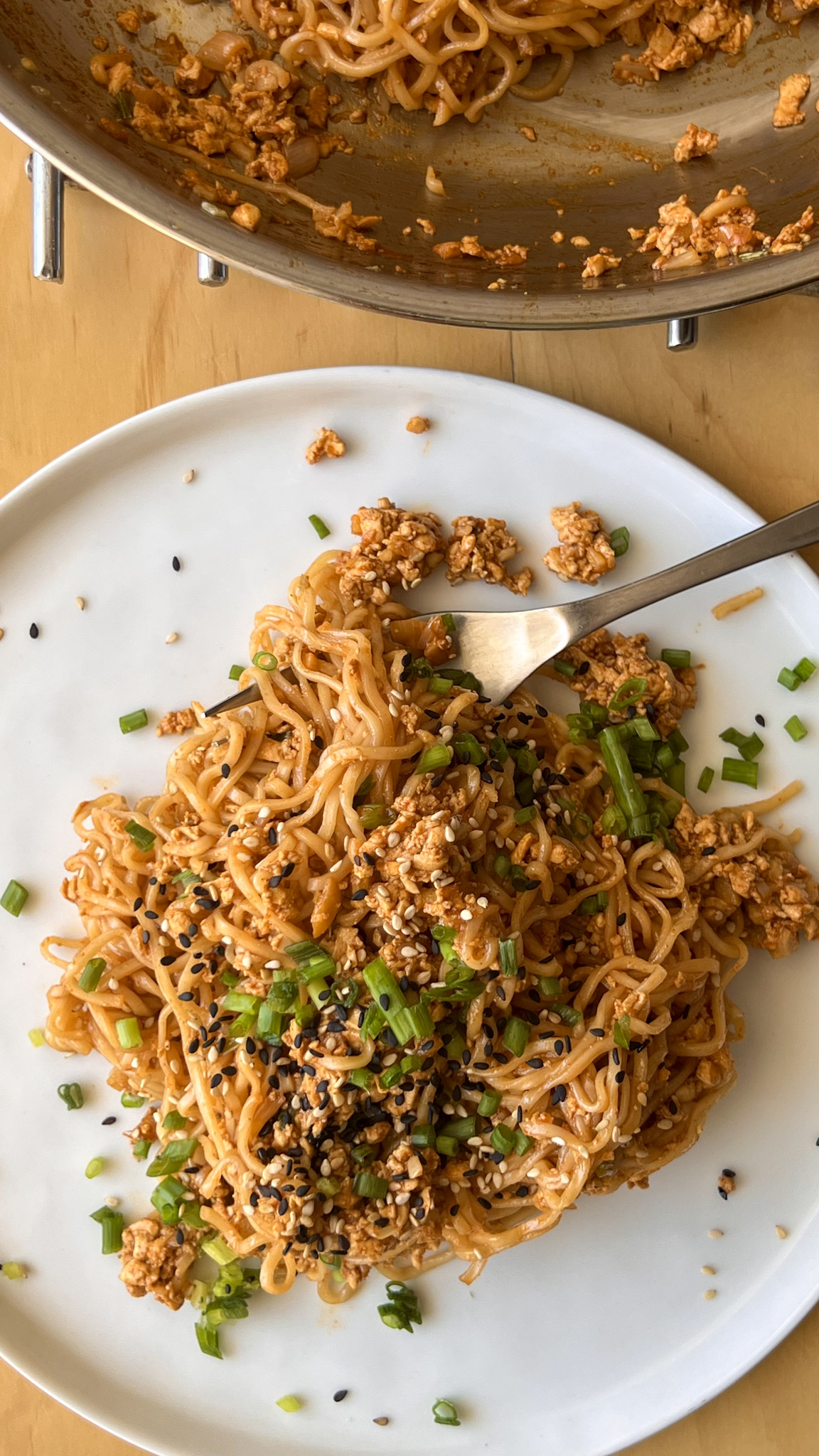Gochujang shredded tofu noodles served on a plate, top view