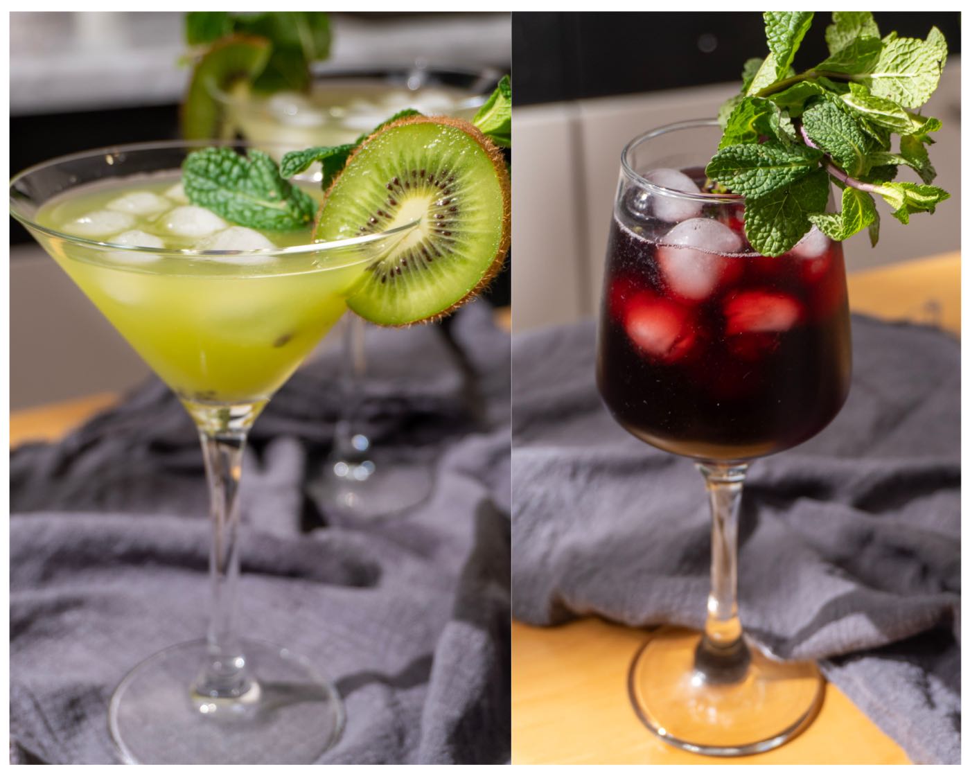 Kiwi and tart cherry juice sleepy girl mocktail side by side