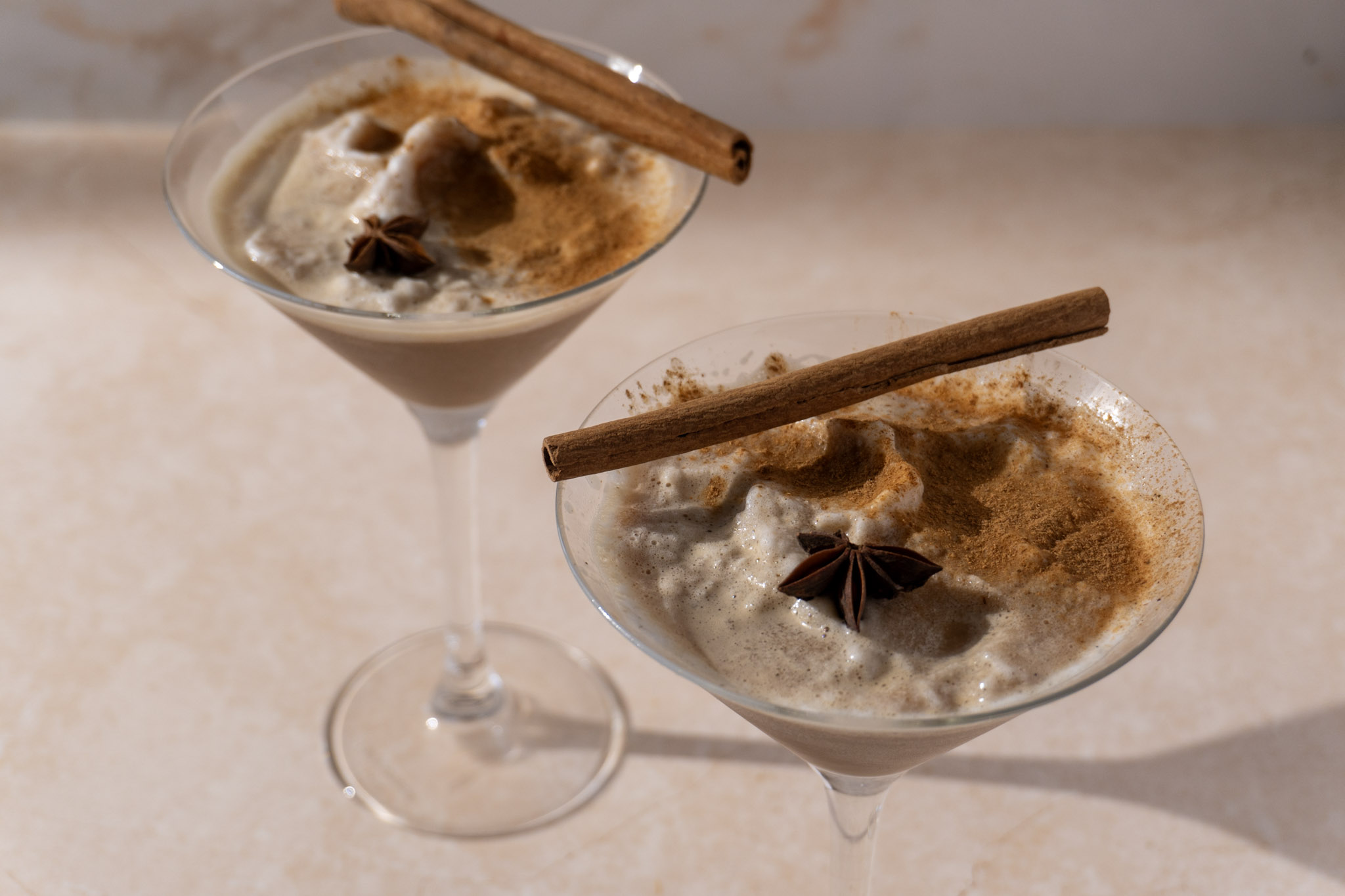 Frozen vegan chai martinis in 2 glasses, landscape view