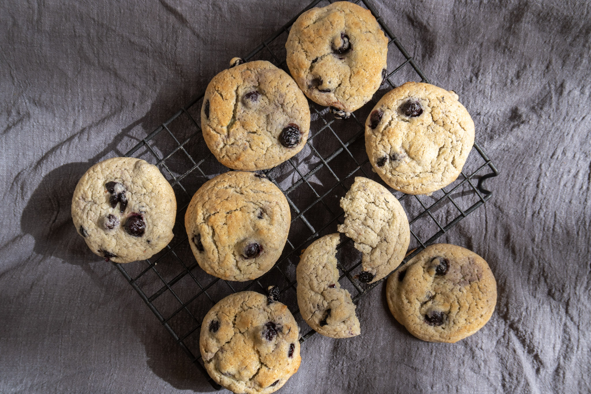 Vegan blueberry cookies on a cooling rack. Top view.