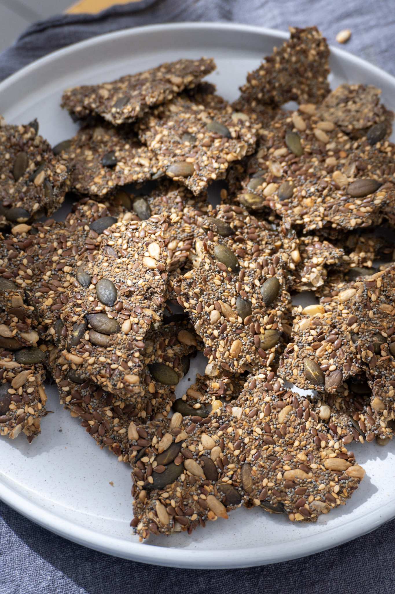 A top-down view of a plate filled with savory seed crackers.