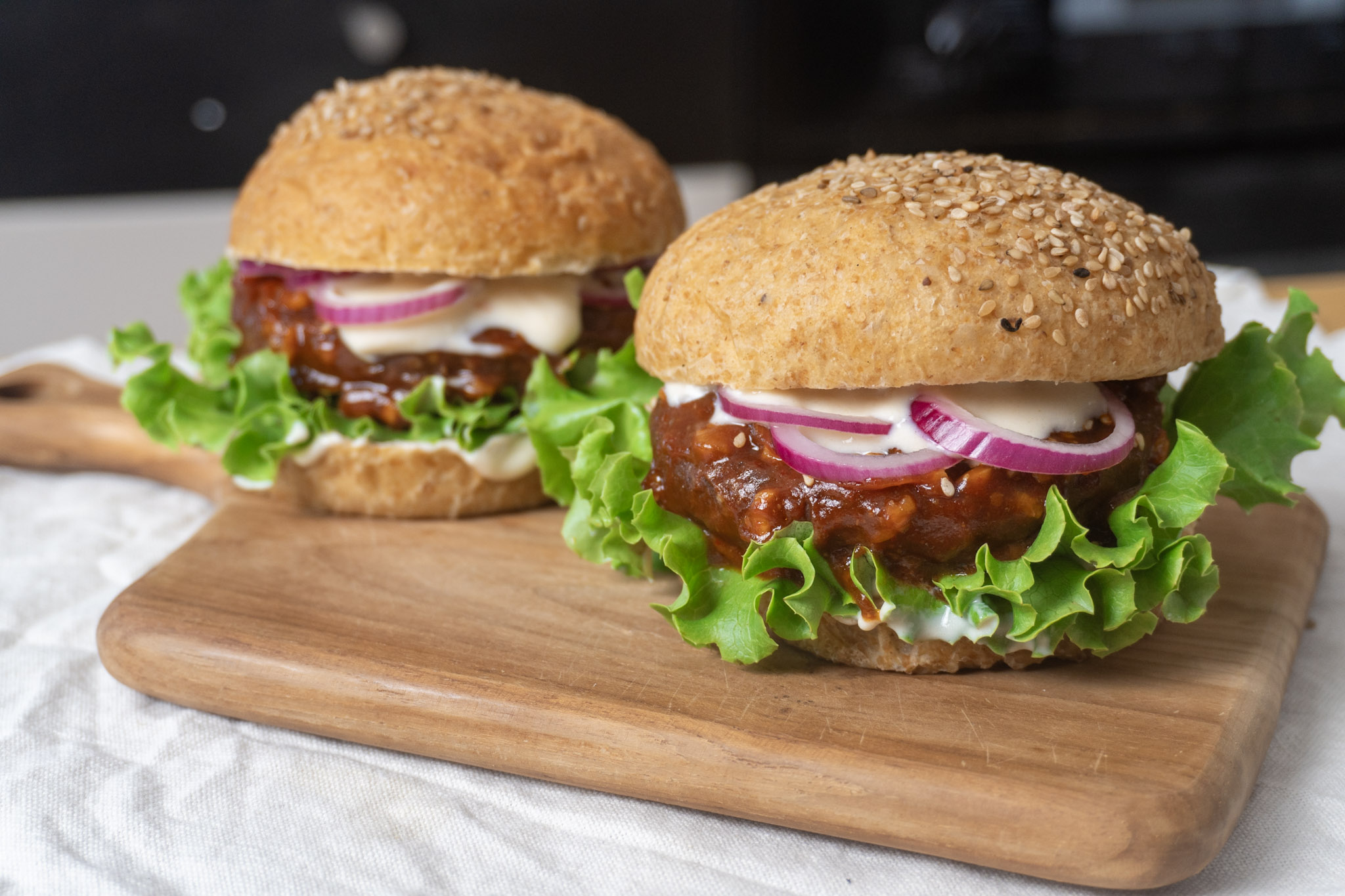 assembled spicy and saucy bean burger vegan