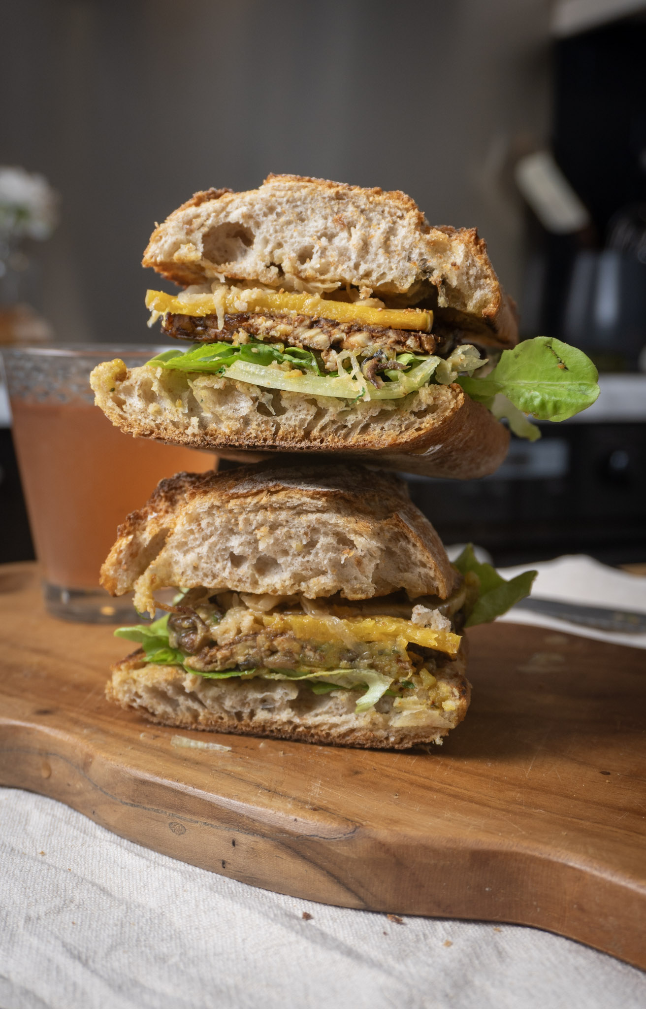 mushroom butternut squash sandwich cross-section, front view