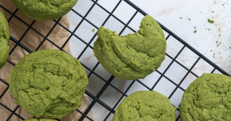bird's eye view of vegan matcha cookies on wire rack