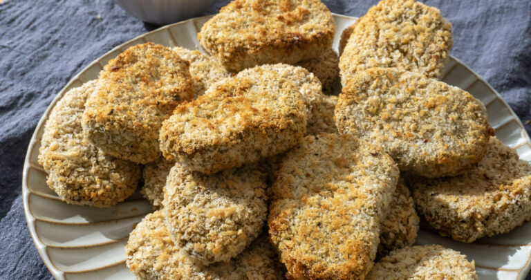 chickpea broccoli nuggets stacked on a plate, top shot