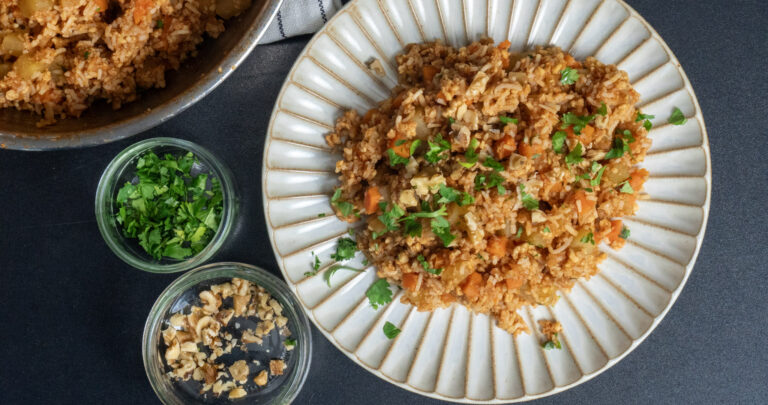bird's eye view of plated one-pot veggie rice with