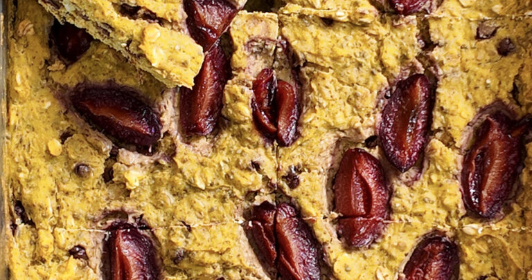 Butternut Squash baked oats, protein powder, topped with prunes, top view